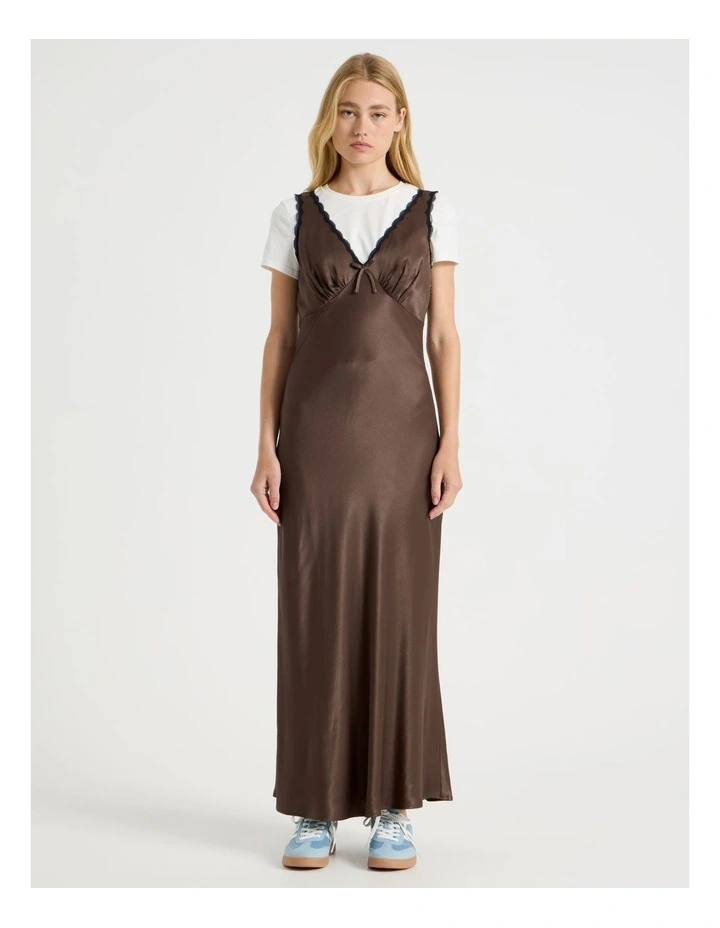 Lace Trim Midi Dress in Brown image 1