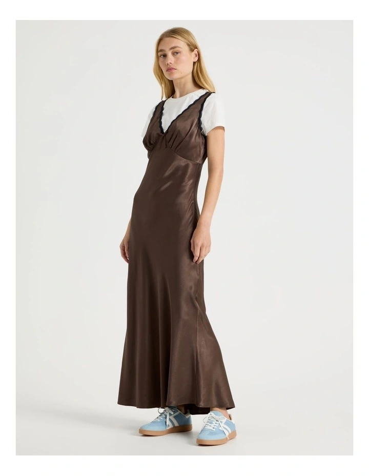 Lace Trim Midi Dress in Brown image 2