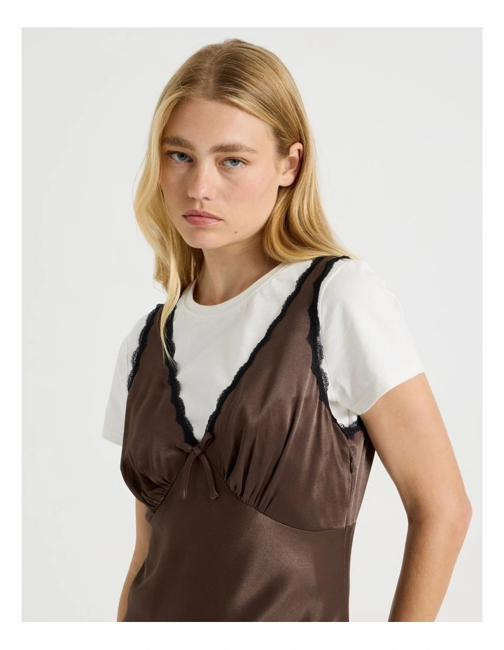 Lace Trim Midi Dress in Brown image 3