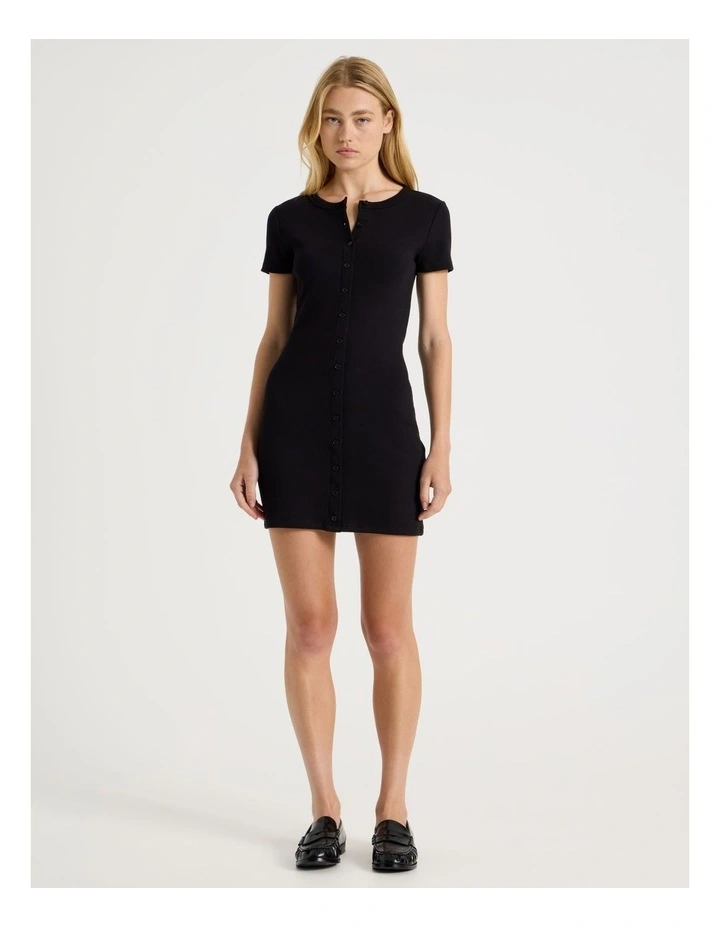 Rib Button Front Tee Dress in Black image 2
