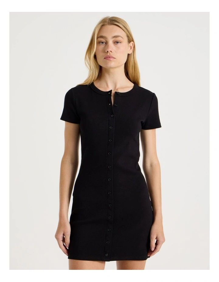 Rib Button Front Tee Dress in Black image 4