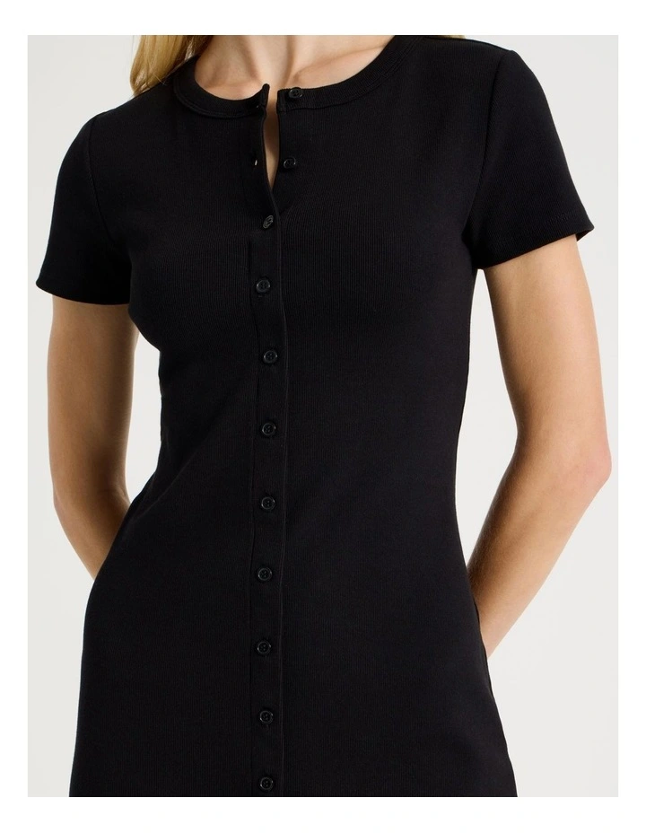 Rib Button Front Tee Dress in Black image 5