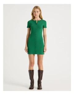 Rib Button Front Tee Dress in Green