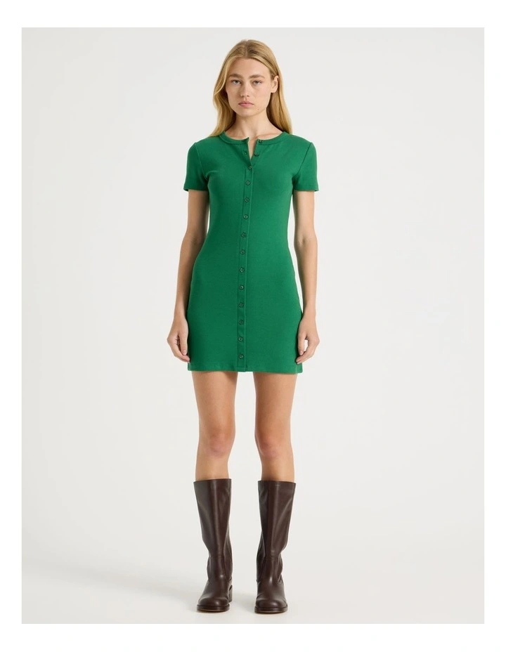 Rib Button Front Tee Dress in Green image 1