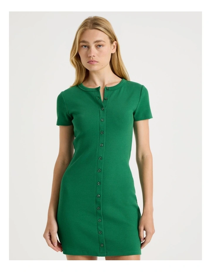 Rib Button Front Tee Dress in Green image 2