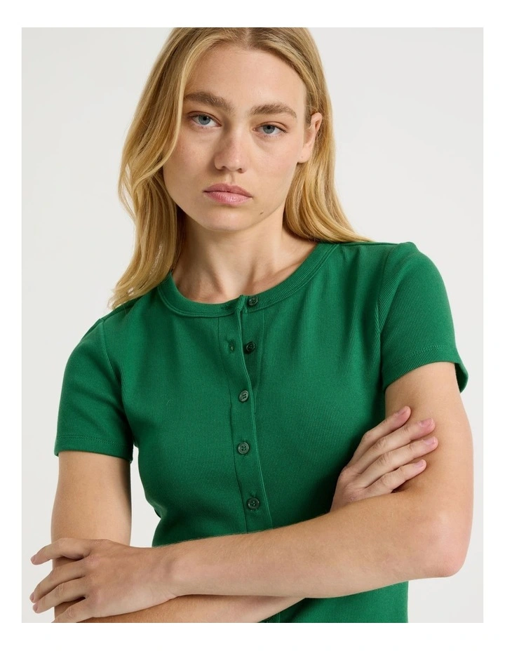 Rib Button Front Tee Dress in Green image 3
