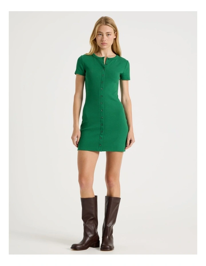 Rib Button Front Tee Dress in Green image 5