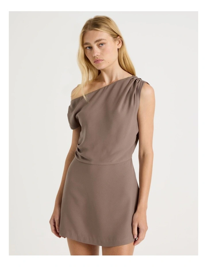 One Shoulder Mini Dress in Taupe image 2