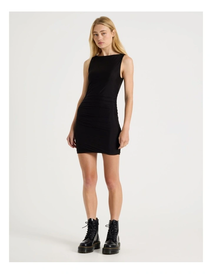 Mesh Mini Ruched Dress in Black image 1