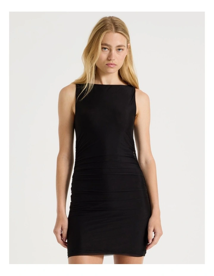 Mesh Mini Ruched Dress in Black image 2