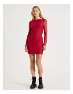 Mesh Long Sleeve Ruched Mini Dress in Red