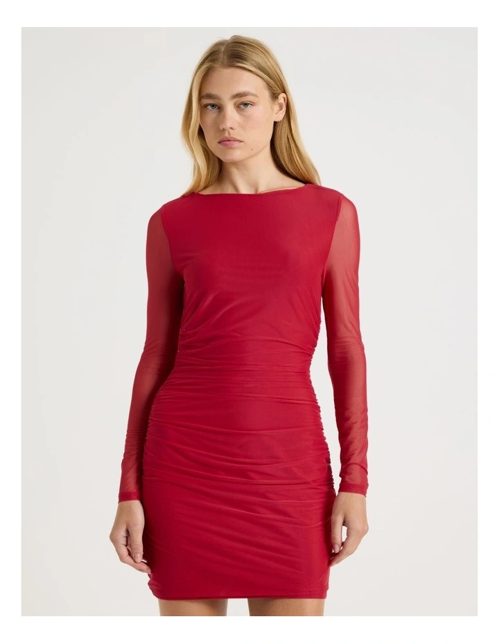 Mesh Long Sleeve Ruched Mini Dress in Red image 2