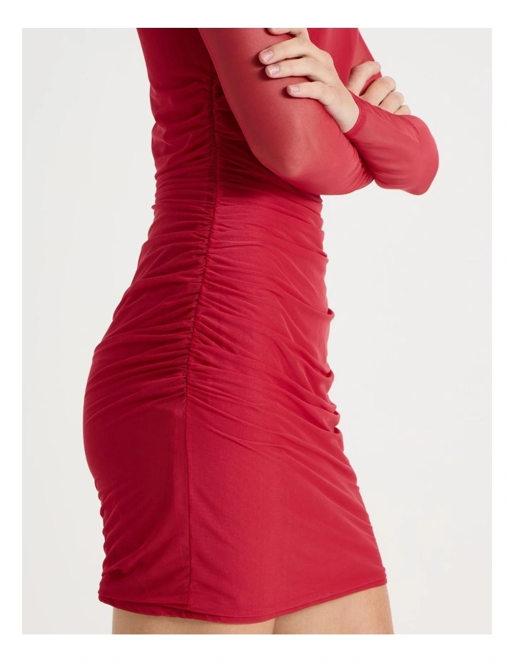 Mesh Long Sleeve Ruched Mini Dress in Red image 3