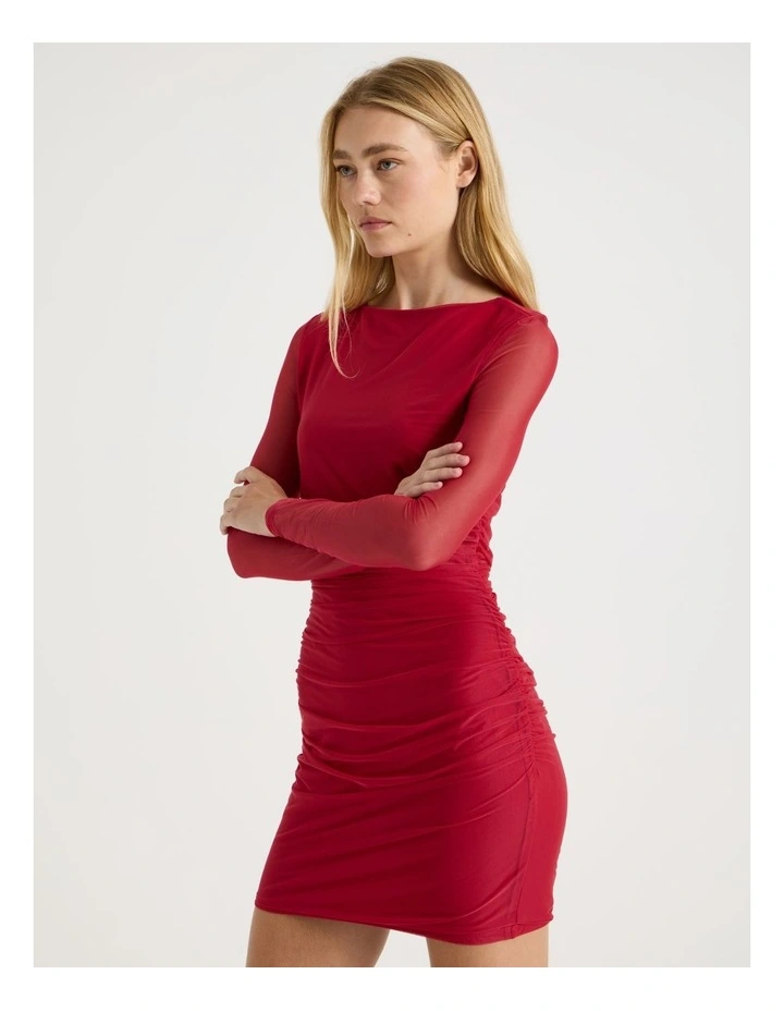 Mesh Long Sleeve Ruched Mini Dress in Red image 4