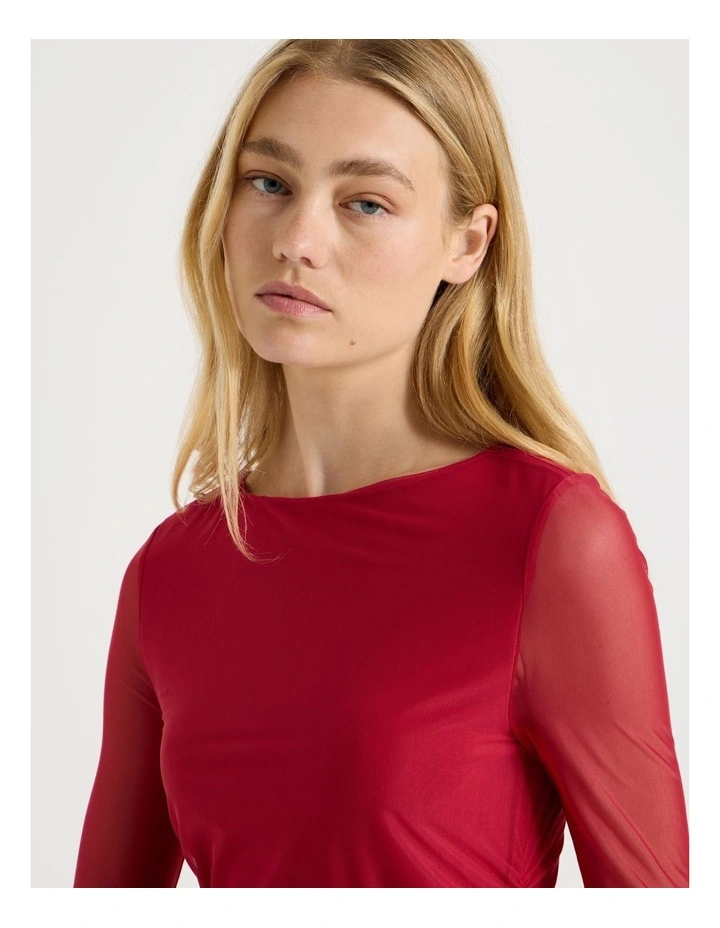 Mesh Long Sleeve Ruched Mini Dress in Red image 5