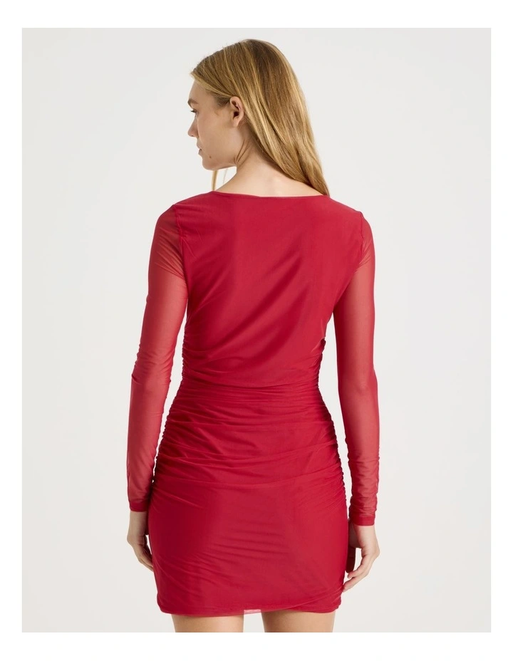 Mesh Long Sleeve Ruched Mini Dress in Red image 6