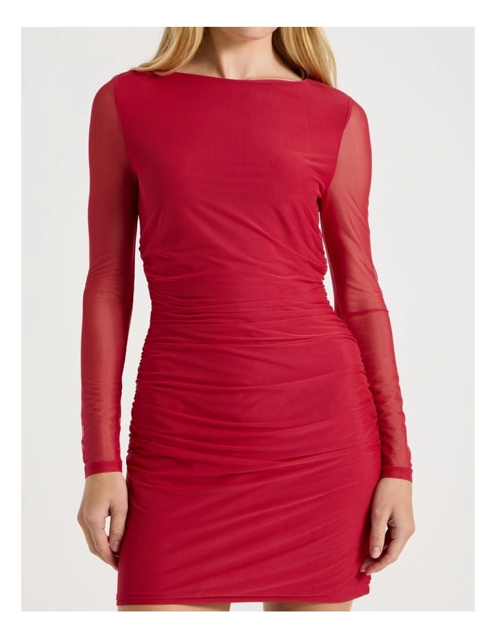 Mesh Long Sleeve Ruched Mini Dress in Red image 7