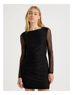 Mesh Long Sleeve Ruched Mini Dress in Black