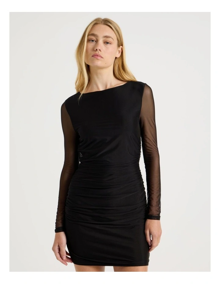 Mesh Long Sleeve Ruched Mini Dress in Black image 1