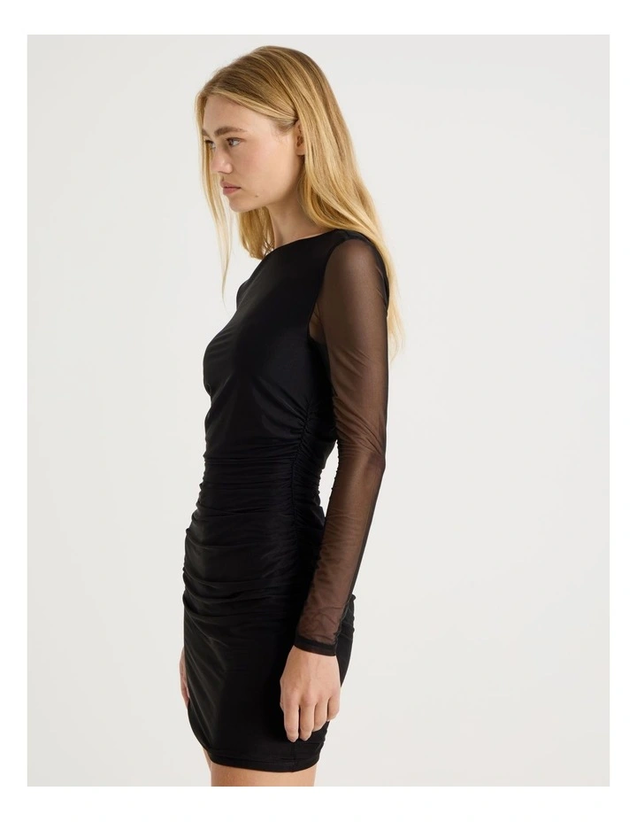 Mesh Long Sleeve Ruched Mini Dress in Black image 4