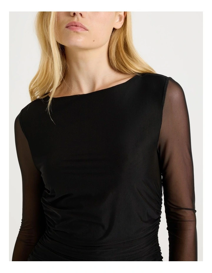 Mesh Long Sleeve Ruched Mini Dress in Black image 7