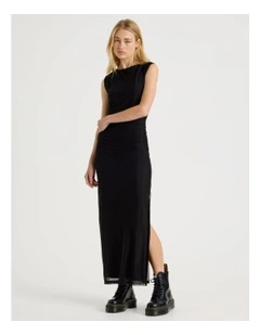 Mesh Ruched Maxi Dress in Black