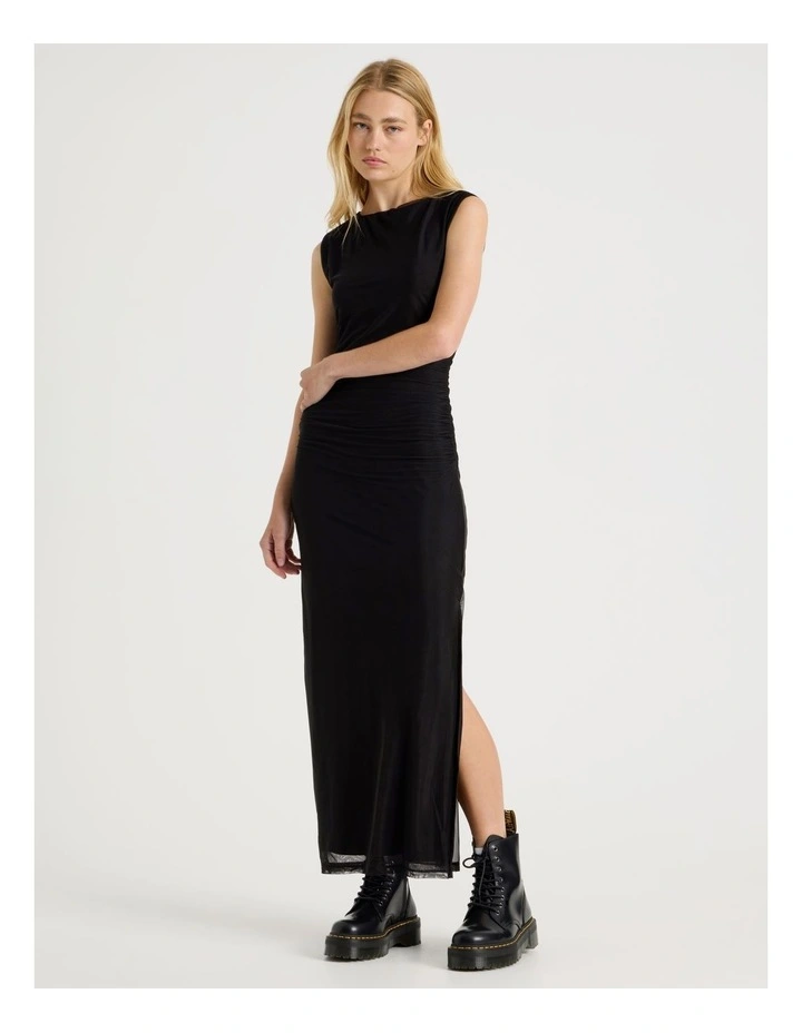 Mesh Ruched Maxi Dress in Black image 1
