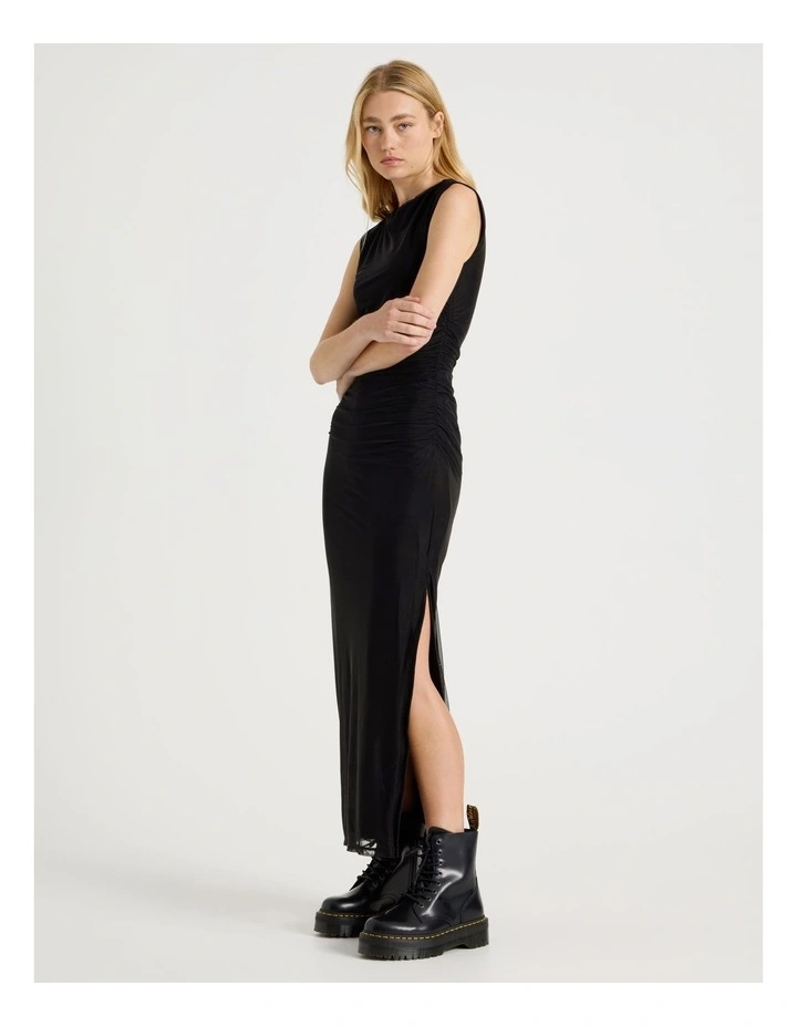Mesh Ruched Maxi Dress in Black image 4