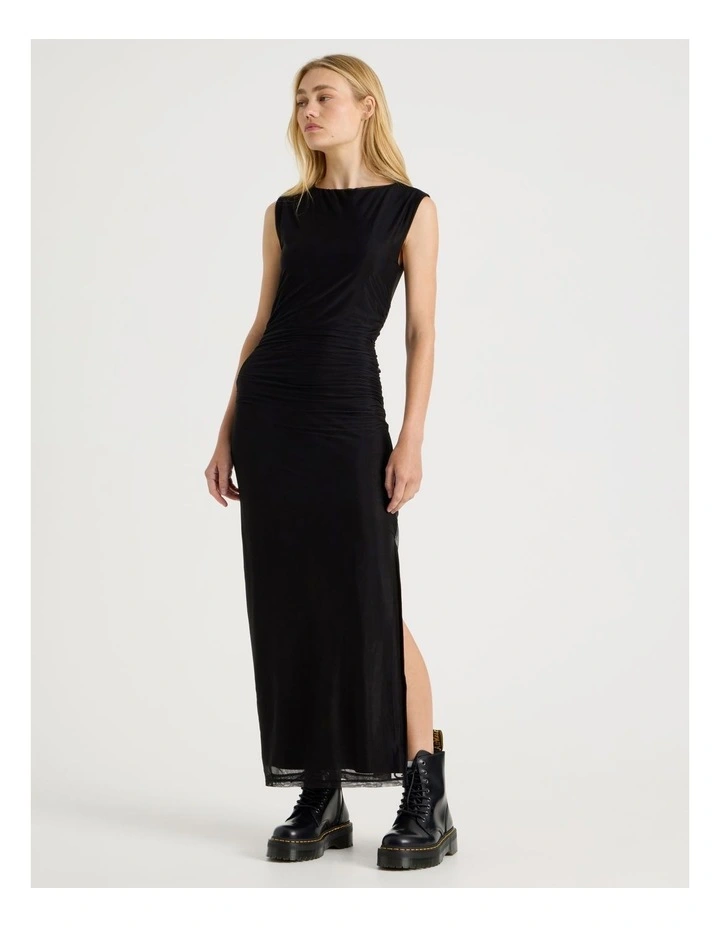 Mesh Ruched Maxi Dress in Black image 5