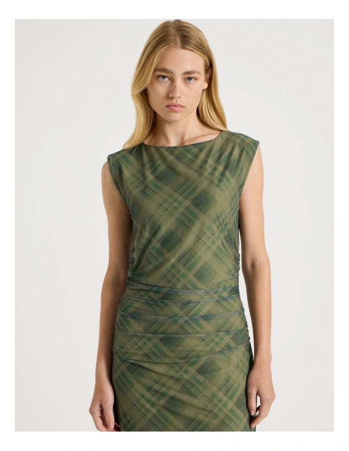 Mesh Ruched Maxi Dress in Khaki Check image 2