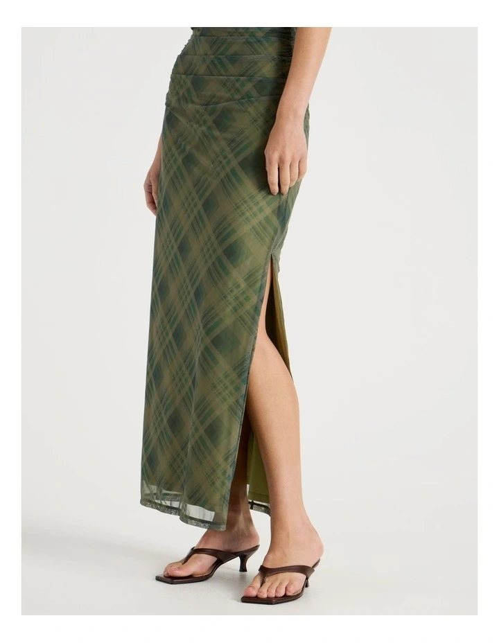 Mesh Ruched Maxi Dress in Khaki Check image 3