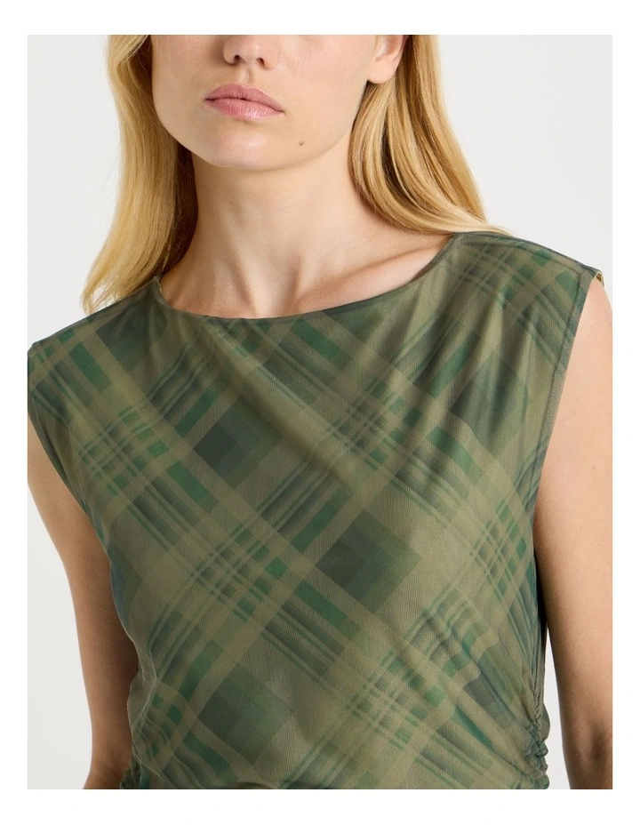 Mesh Ruched Maxi Dress in Khaki Check image 4