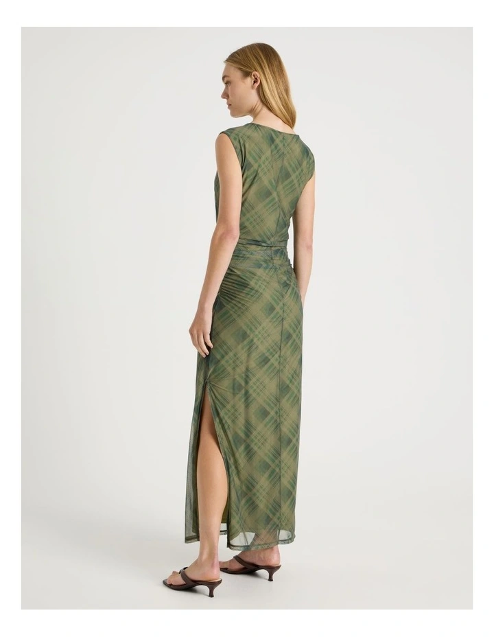 Mesh Ruched Maxi Dress in Khaki Check image 5