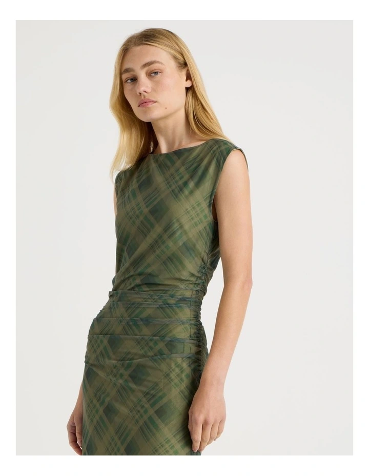 Mesh Ruched Maxi Dress in Khaki Check image 6