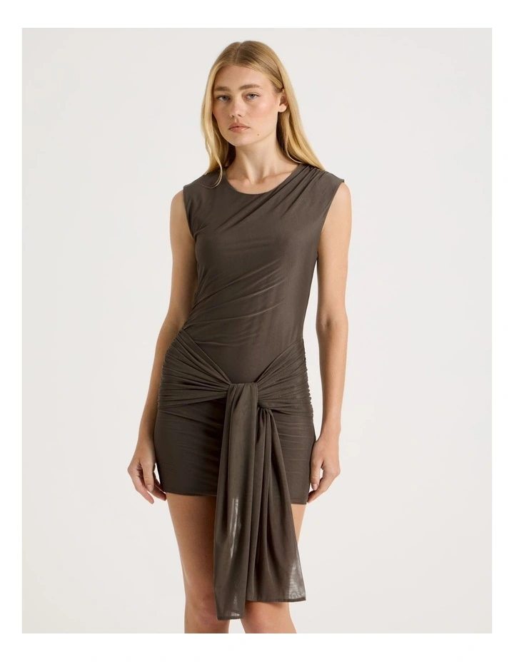 Knot Skirt Mini Dress in Khaki image 4