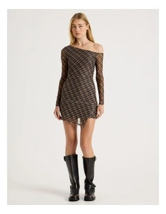 Off Shoulder Mini Dress in Check Print