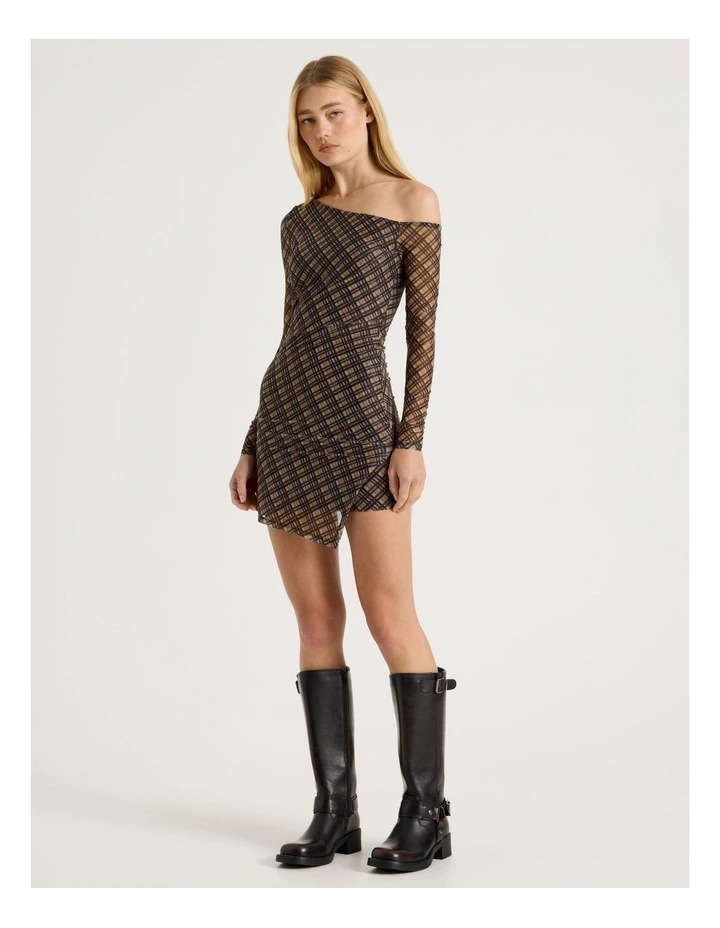 Off Shoulder Mini Dress in Check Print image 2