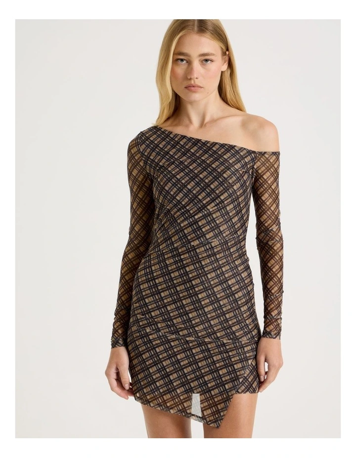 Off Shoulder Mini Dress in Check Print image 3