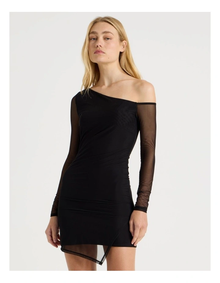 Off Shoulder Long Sleeve Mini Dress in Black image 2