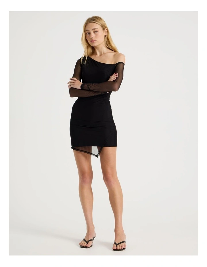 Off Shoulder Long Sleeve Mini Dress in Black image 3