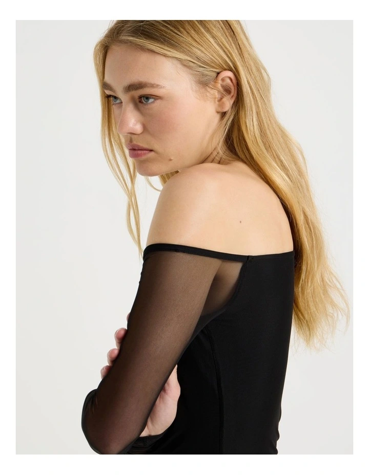 Off Shoulder Long Sleeve Mini Dress in Black image 7