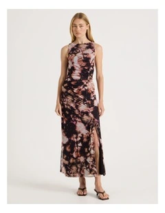 Mesh Ruched Side Maxi Dress in Tie Dye Print