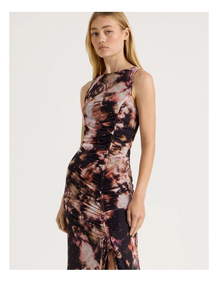 Mesh Ruched Side Maxi Dress in Tie Dye Print image 2