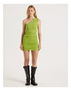 Split One Shoulder Mini Dress in Chartreuse
