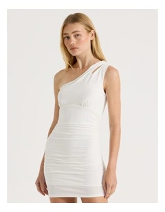 Split One Shoulder Mini Dress in White