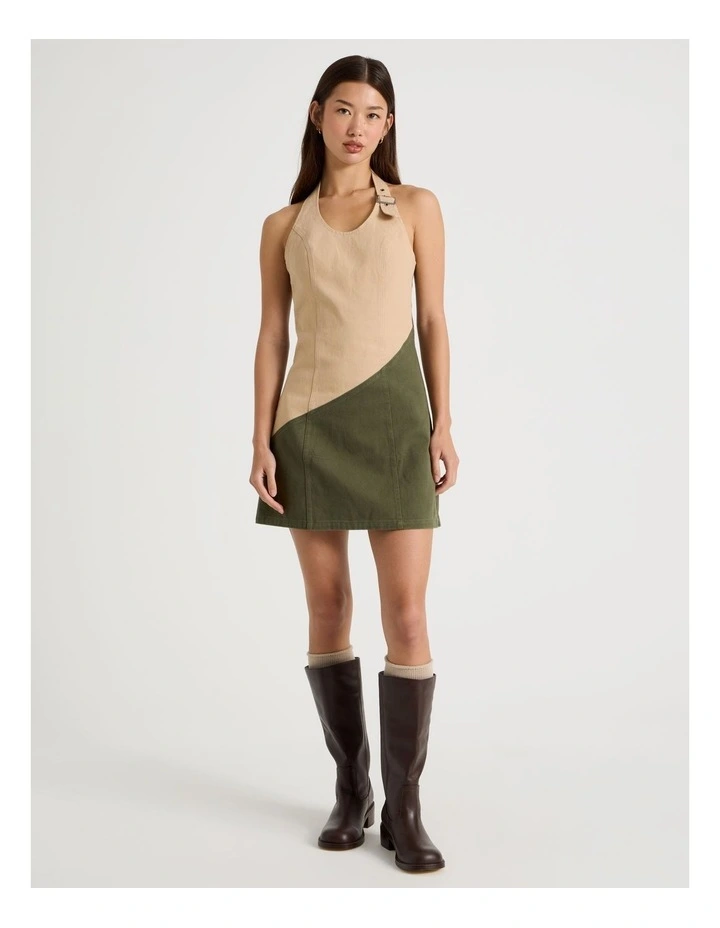Buckle Detail Dress in Olive and Cream image 2