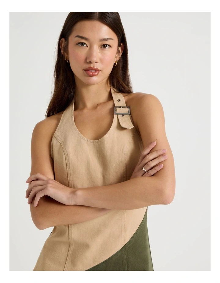 Buckle Detail Dress in Olive and Cream image 3