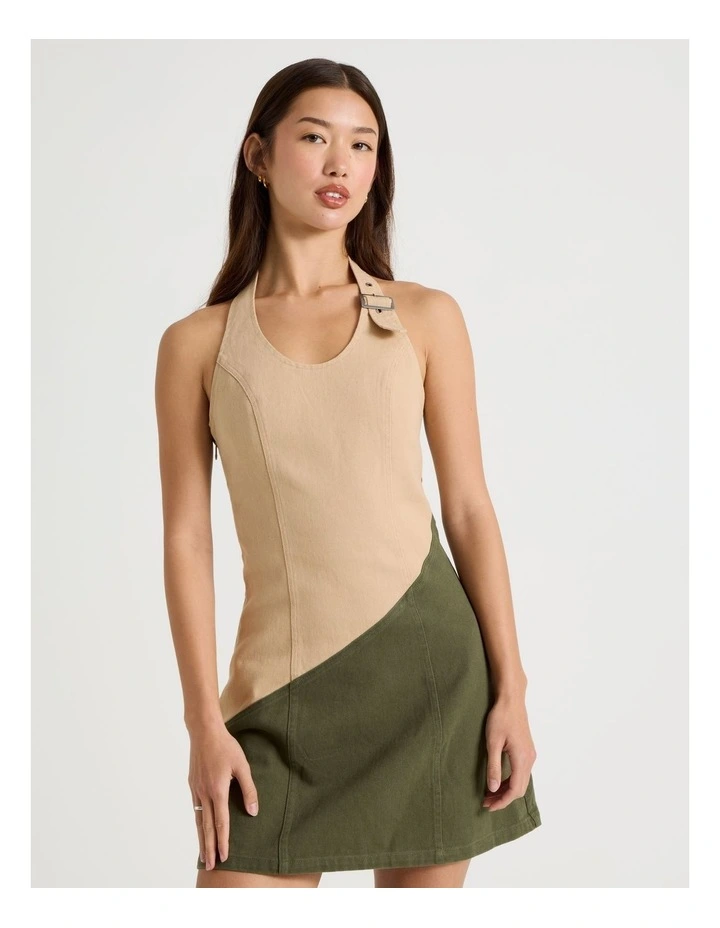 Buckle Detail Dress in Olive and Cream image 5