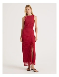 Mesh Ruched Side Maxi Dress in Red