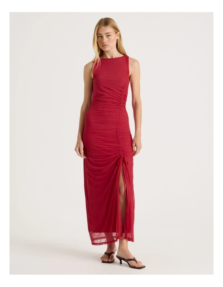 Mesh Ruched Side Maxi Dress in Red image 1